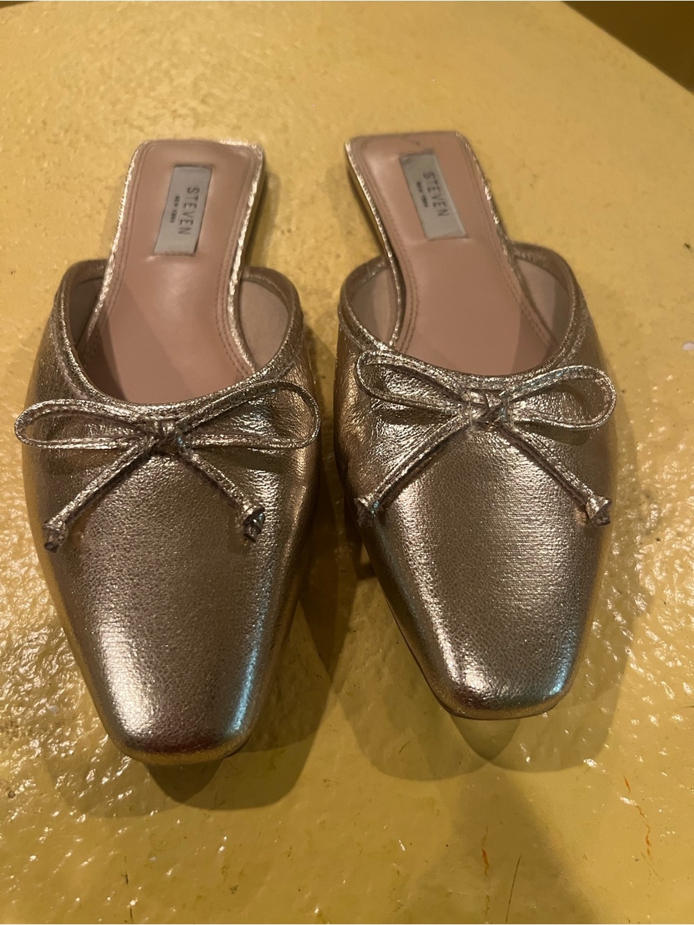 Steven Metallic  Gold Bow-Accent Slip-On Mules